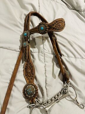 Tooled Leather Western Pony Headstall with Turquoise Conchos